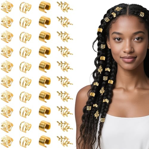 RUISPEED Set med guldhårsmycken – 40 st dreadlocks manschetter, justerbara hårringar och locksmycken för flätor, perfekt för festivalhår, piratstil och gudinnor, lås (guld)