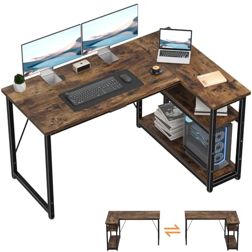 TRIUMPHKEY Bureau d'angle L 120x80x75cm avec 3 Etagères Réversible, Marron