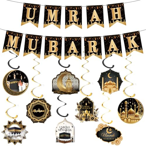 Tasoraor Umrah Mubarak Deko Girlande - Schwarz Gold Hajj Dekoration Banner und Stern Mond Hängende Wirbel, Papier Hängendeko für Muslim Party Islamische Festival