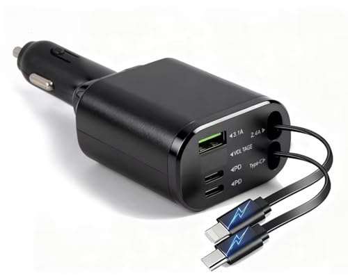 100W Caricabatteria Caricatore da Auto 5 in 1 Retrattile, Accendisigari Ricarica Rapida, Caricatore Auto USB C, Display LED, Caricabatterie da auto retrattile, Adattatore Accendisigari Universale
