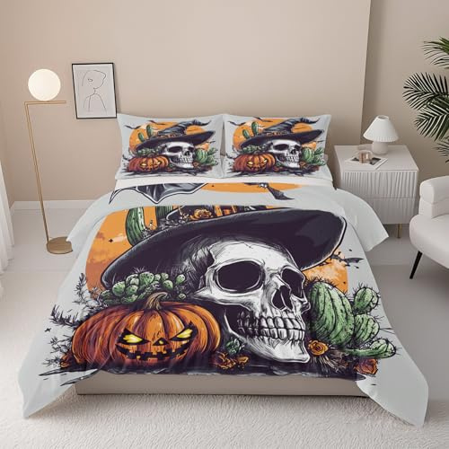 Halloween Skeleton Duvet Cover Queen Size, Pumpkin Cactus Quilt Cover Set, Witch Hat Skull 3 pcs Bedding Set with 8 Corner Ties and 2 Pillowcases, Gothic skull Quilt Cover Wrinkle-free