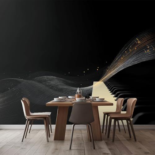Papel Pintado Panorámico Piano Negro 300x210 cm Fotomurales No Tejido, Murales Decoración Póster Pared Personalizado 3D Para Salón Dormitorio