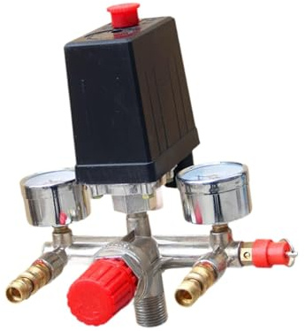 Dualoai Air Compressor Switch, Control Valve, Double Outlet Pipe, Vertically Adjustable, with Display, Measuring Device, Metal Accessories