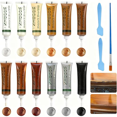Kit de réparation pour parquet stratifié, 12 couleurs, mastic en bois, kit de réparation de meubles en bois avec cuillère et pinceau, réparation des rayures, fissures, décolorations pour armoire en