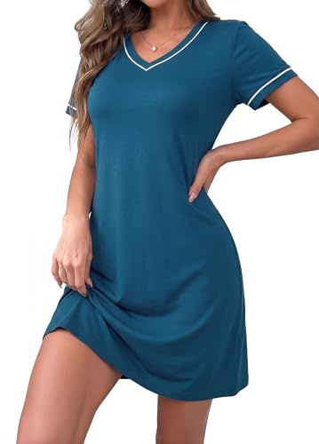 Marvmys Nattlinne för damer, kortärmad sommar, nattklänning, lätt andningsbar sovskjorta, bekväm loungewear, hemmaklänning, B Blue, XXL