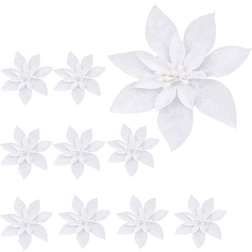GWAWG 10 Stück Kunstblumen Weihnachten Glitzer Weihnachten Funkeln Weihnachtsstern Blumen Künstliche Weihnachtsdeko Blumen Glitzer Weihnachtsblume Christbaumschmuck Hochzeitsdeko Neujahr Ornamente Wei