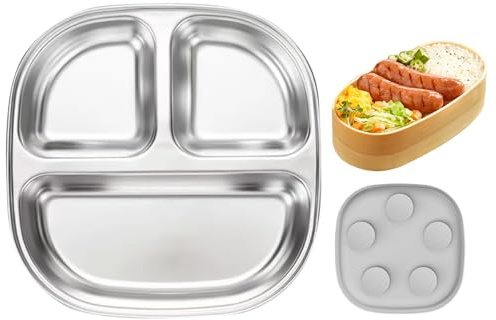 Hitburu Assiettes En Acier Inoxydable - Assiettes Bebe Ventouse Ustensiles Repas - Ustensiles Repas Réutilisables Lavables Lave-Vaisselle,Maison Extérieur Voyage École Maternelle