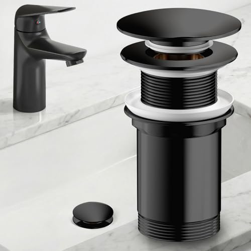 JONKEAN Ablaufgarnitur Waschbecken ohne Überlauf, Pop Up Ablaufventil | Universal G1¼ Waschbeckenstöpsel mit sieb, 41 bis 50 mm Abfluss für Waschbecken und Bad, Messing, Schwarz