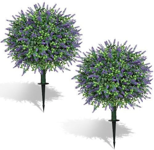 MixcMax Artificial Plants Outdoor, 2 Pack Topiary Ball Plastic Flowers Fake Boxwood Plants Faux Planter Shrubs Evergreen Greenery for Front Door Garden Indoor Home Decor (Lavander)
