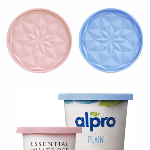 Yogurt Pot Lids, 500g Set of 2 Reusable Silicone Lids for Yogurt Pots, Large Size, Reversible as Coasters, Fits Cups & Mugs (Blue + Pink)