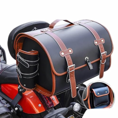 GHXYHTH Motorcycle Tail Bag for Harley Davidson Softail Fat Boy 1990-2024, Leather Rear Rack Trunk with Lockable, Motorbike Top Case Luggage for Touring, Road Trips and Daily Riding,C Black+Brown