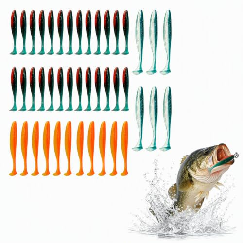 46 Stück Angelköder, Vielfältige Größen für Süßwasser und Salzwasser Angeln, 6/9/12cm Gummifische Set, Eingearbeitete Reflektierende Pailletten für Barsch Köder Zander Forelle