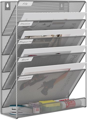 EasyPAG 6 Compartiments Métal Porte Document Mural A4 Porte Revue Suspendu Organisateur de Bureau à Suspendre Banette de Rangement Range Papier Corbeille a Courrier Murale,Argent