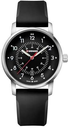 WENGER Herren Armbanduhr Avenue Ø 42 mm, Swiss Made, Analog Quarz, Wasserdicht bis 100 m, Silikon-Armband, Silberweiß/Schwarz, 01.1641.113