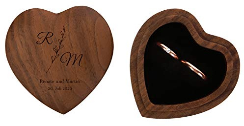 FORYOU24 Ringkissen als Herz aus Holz mit Gravur zur Hochzeit Motiv 04 dunkel - Ring Schatulle mit Deckel personalisiert, Namen und Datum, Holz Ringbox zur Trauung oder Verlobung, Ringträger
