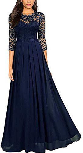 ZYUEER Femme Robe de Soirée en Dentelle, Cocktail Manche 3/4 Vintage Longue Sexy pour Mariage Demoiselle d'honneur