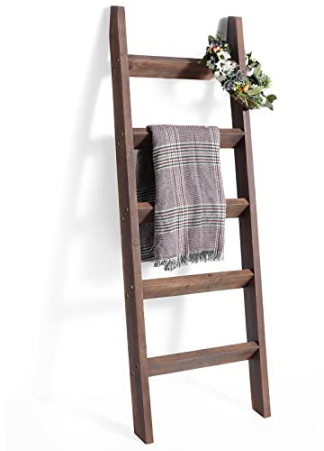 FUIN 5ft (58) Wood Blanket Ladder Living Room Decorative Wall Leaning Farmhouse Quilt Display Holder Rustic Wooden Towel Rack for Bathroom, Brown