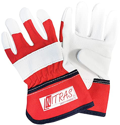 NITRAS 3 Paar 1408 Garten-Handschuhe für Kinder - Schutz- & Bastel-Handschuhe aus Leder - EN 388 - Rot/Weiß - 7-8 Jahre