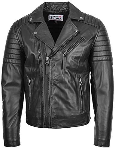 Mens Real Leather Biker Style Jacket Cross Zip Fastening Hook