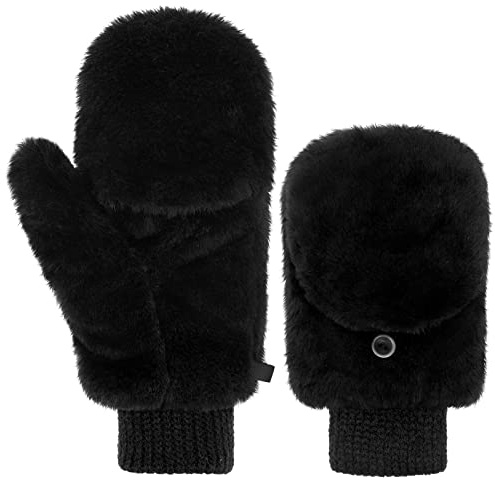Geyoga Women Mittens Winter Fur Gloves Flip Cover Gloves with Faux Fur Convertible Warm Flip Top Mitten Soft Fingerless(Black)