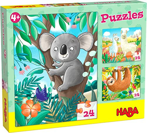 HABA Puzzle-Box Koala, Faultier & Co. – 3 liebevolle Tierpuzzles ab 4 Jahren mit je 24 Teilen aus Stabiler Pappe – Fördert Feinmotorik & Konzentrationsvermögen – 1306480001
