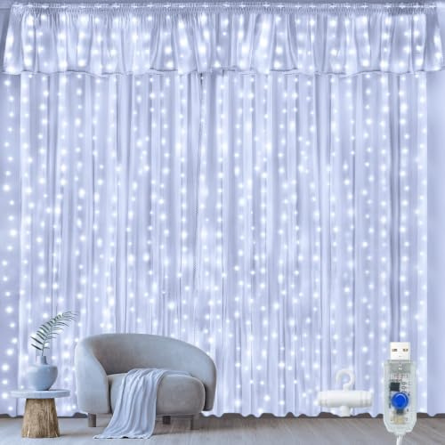 Ollny Lichtervorhang innen 3x3m, 300 LEDs Lichterkette außen Weiß USB | IP44 wasserdicht mit Fernbedienung & Timer. Ideal für Fenster, Wand, Zimmer, Balkon, Gardine, Party & Weihnachtsdeko