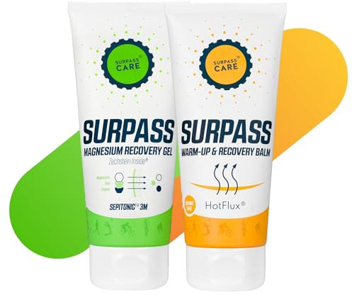 SURPASS - Set de Relajación Muscular para Deportistas - Bálsamo Calentador y Gel de Magnesio - Pack de Recuperación - Preparación Al Ejercicio y Recuperación Postdeportiva - 200ml + 200ml