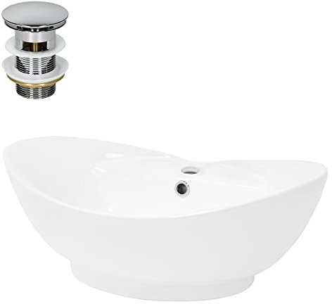 ML-Design Waschbecken Keramik in Weiß glänzend 59x20,5x39,5 cm, inkl. Ablaufgarnitur, Ovale Aufsatzwaschbecken mit Überlauf, Moderne Waschtisch, Waschschale Waschplatz Handwaschbecken, für Badezimmer