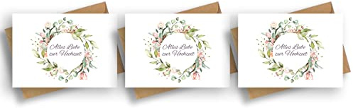 Friendly Fox Hochzeitskarte, 3x Karte zur Hochzeit mit Blumenkranz Motiv, Alles Gute zur Hochzeit, DIN A6 Karten inkl. Umschläge