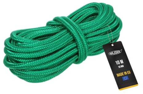 NAJDER Corda in polipropilene verde diametro 10 mm lunghezza 10 m, carico di rottura 12400 N, corda intrecciata universale, paracord, per campeggio, sopravvivenza, giardino, legatura, artigianato