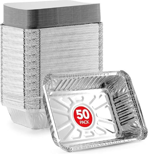 ReadySteadyServe Pack of 50 Aluminium Tin Foil Food Trays with Lids | 20.5x11x5.5cm | Silver Takeout Container Pans Takeaway, Sides, Events, BBQ, Parties