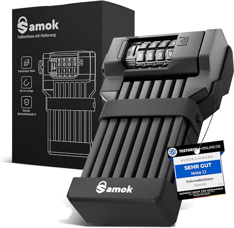 Samok® Fahrradschloss Zahlenschloss 4-stelligem Code 63cm inkl. Halterung - Faltschloss Fahrrad Stahl faltbar mit Nummern & Zahlen - HOHE SICHERHEIT - Diebstahlsicher E-Bike, Rennrad & MTB-Bike Lock