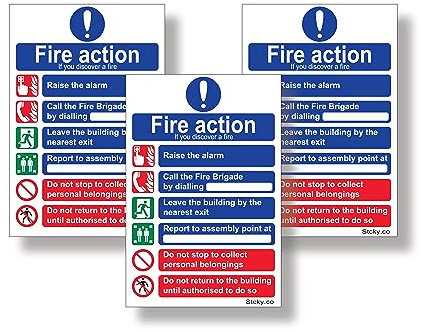 Stcky Fire Action Notice Sign (Pack of 3) - 20 x 30 cm Premium Vinyl Sticker Fire Signs | Fire Signage- Durable, Self Adhesive, UV resistant & Waterproof Health and Safety signs