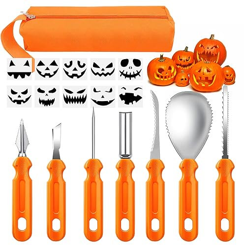 Darryy Kürbis Schnitzset für Halloween, 7 Stück Halloween Kürbis Schnitzset mit 10 Kürbis Schnitzvorlagen, Kürbis Schnitzset Edelstahl Mit Tragetasche für Kinder und Familie, DIY Kürbislaterne