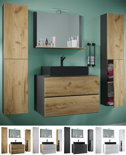 VCM 5-TLG. Waschplatz Waschtisch | schwarzes Waschbecken Unterschrank Breite 60 cm | Badmöbel Set mit Schubladen Drehtüren Spiegel | Lendas S BL