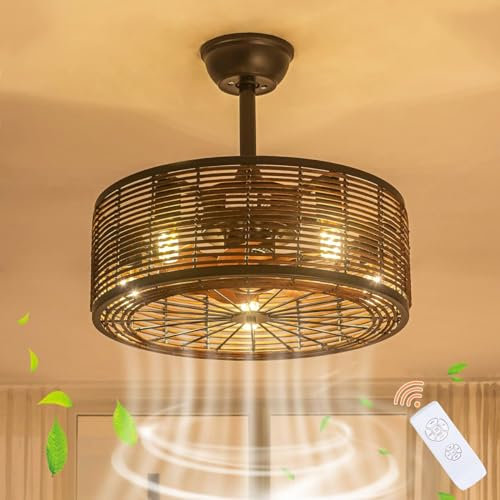 KZT Ventilateur de Plafond avec telecommande et lumière E27 Lampe de Ventilateur Silencieux tressé en rotin Fan Plafonnier Vintage Industrielle Métal Lustre pour Salon Chambre à Coucher Cuisine