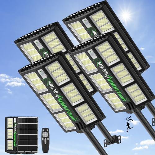 Viugreum 4 Stück 1200W LED Solar Straßenlaterne mit Fernbedienung, 6500K Straßenlampe mit Bewegungsmelder Sensor Dämmerung bis zum Morgengrauen Straßenleuchte IP65 Wasserdicht Solar Wegeleuchte
