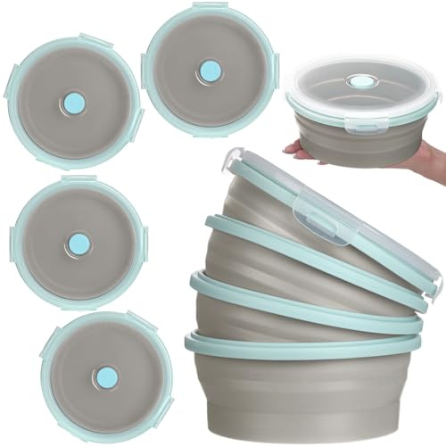 Suclain 4 Pcs Camping Bowl with Lid Collapsible Silicone Lunch Box Salad Bowl Expandable Food Storage Container Folding Travel Container for Hiking Camping(Blue Rim Gray,41 oz)
