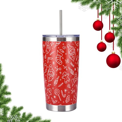 Satiskid Christmas Tumbler with Lid Straw Stainless Steel Insulated Travel Mug Gifts for Christmas Double Wall Cup with Christmas Elements Cleaning Brush Thermos for Keep Hot/Ice Coffee Tea (Red)