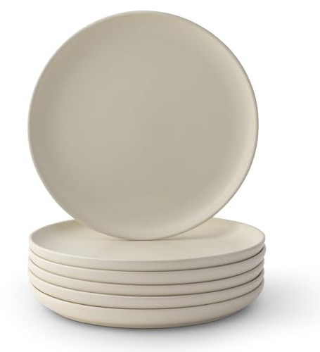 JoyJolt Mesa Stoneware Dinner Plates Set of 6, 10.5” Dish Set, Dishwasher and Microwave Safe Plate Set, Modern Rustic Dinnerware, Kitchen Serving Dishes - Matte White (Linen)