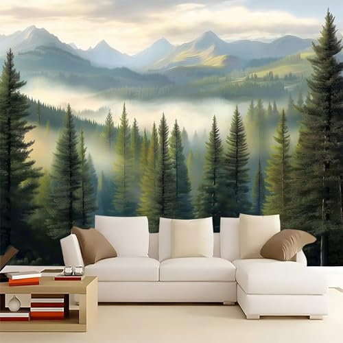 Papier Peint Panoramique Jungle Naturelle - Fresque Murale Intissé pour Salon, Chambre Adulte et Enfants, Restaurant - Montagnes 300x210cm - Décoration Vert Blanc