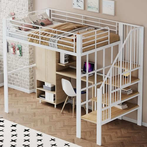Letto a Soppalco 140x200 cm con Robusta Struttura in Metallo, Letto a Castello per bambini e e Adulti, Letto Multiuso con ampio spazio di stivaggio sotto il, Letto Bambini con Scala e Ringhiere