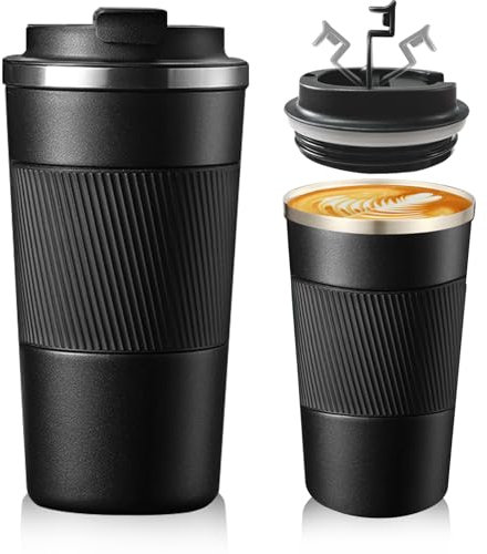 Senshuomy Travel Mug, Insulated Coffee Cup with Leakproof Lid, Reusable Coffee Cups Travel Cup, Stainless Steel thermaol Mug for Hot Cold Drinks (Black/510ml)