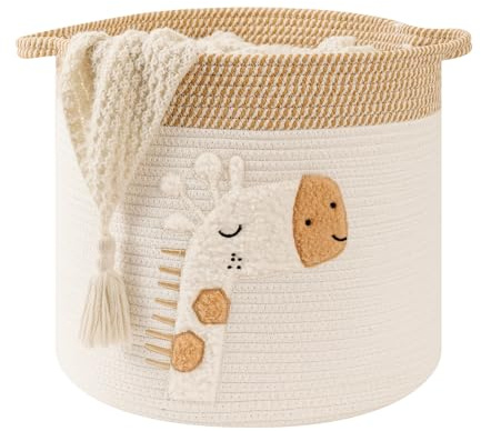 Large Blanket Baskets for Living Room Decor, Toy Storage Baskets Woven Cotton Rope Storage Basket for Kids, Dog Toys Organizer Clothes Hamper with Embroidery Decor for NurseryLaundry (Large, Giraffe)