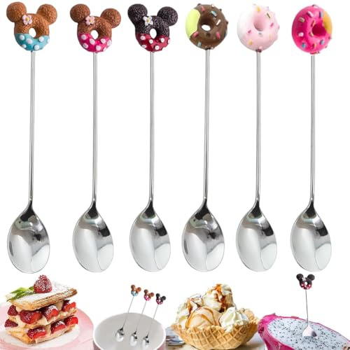 DWFEYOI Niedlicher Kaffeelöffel Aus Edelstahl, 6 Stücke Teelöffel Cartoon Kaffeelöffel, Löffel-Set Donut Niedliche Form, Dessertlöffel In Zum Umrühren Von Tee Und Kaffee