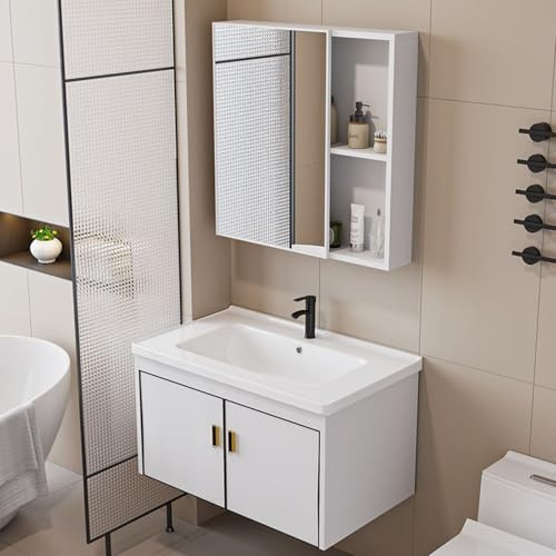 HYANXUE Badezimmer-Waschtische, Wandmontage, Waschbecken, Spiegelschrank und Waschbecken, Kombinationsset mit Keramik-Waschbecken und Wasserhahn (Weiß + Spiegelschrank, 70 x 47 cm)