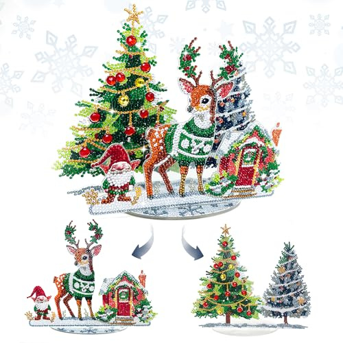 LYLIDIA Diamond Painting Weihnachten 2025 Neu Aufsteller 2 Schichten Diamant Painting Tischdeko Winter Reh Weihnachtsbaum Weihnachtsdeko, Christmas Bilder Bastelset für Erwachsene Kinder (Winterdorf)