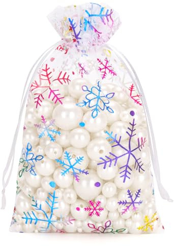 G2PLUS 13x18 cm Weihnachten Organzasäckchen: Weiß Groß Geschenk Organzabeutel mit Bunt Schneeflocke, Transparent für Weihnachtsgeschenkverpackung und Party Deko, 50 Stück