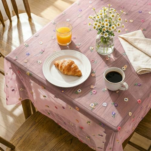 Horaldaily Pink Embroidery Floral Spring Summer Gauze Tablecloth 60×84 Inch Rectangular, Wildflower Seasonal Tulle Table Cover, Garden Party Decor for Wedding, Party, Holiday Dining