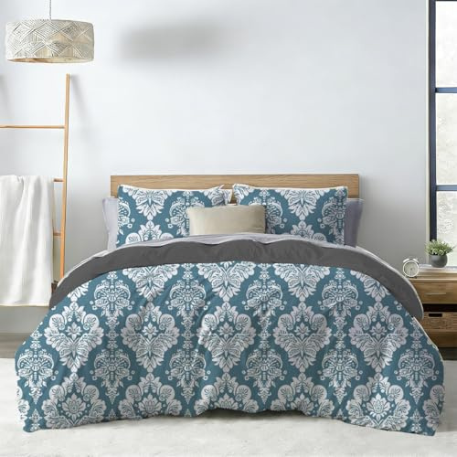 Soifox Bettwäsche 135x200 Blau Bettgarnitur - Lilienmuster Bettwäsche Sets Microfaser Bettbezug 135 x 200cm mit Kissenbezug Bügelfrei & Knitterfrei Modern Deckenbezug mit Reißverschluss